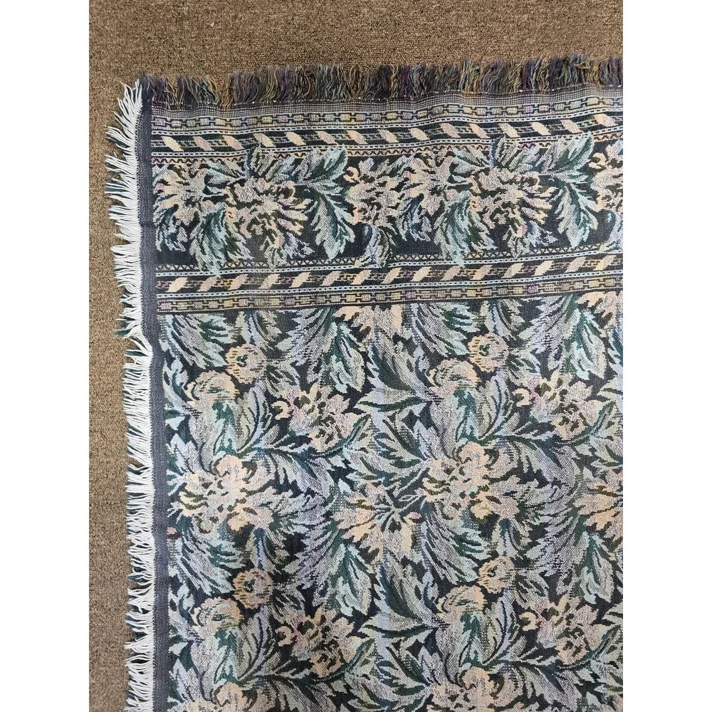 Goodwin‎ Weavers Throw Blanket ~ 50x63 Blue Floral Cotton Fringe Reversible USA